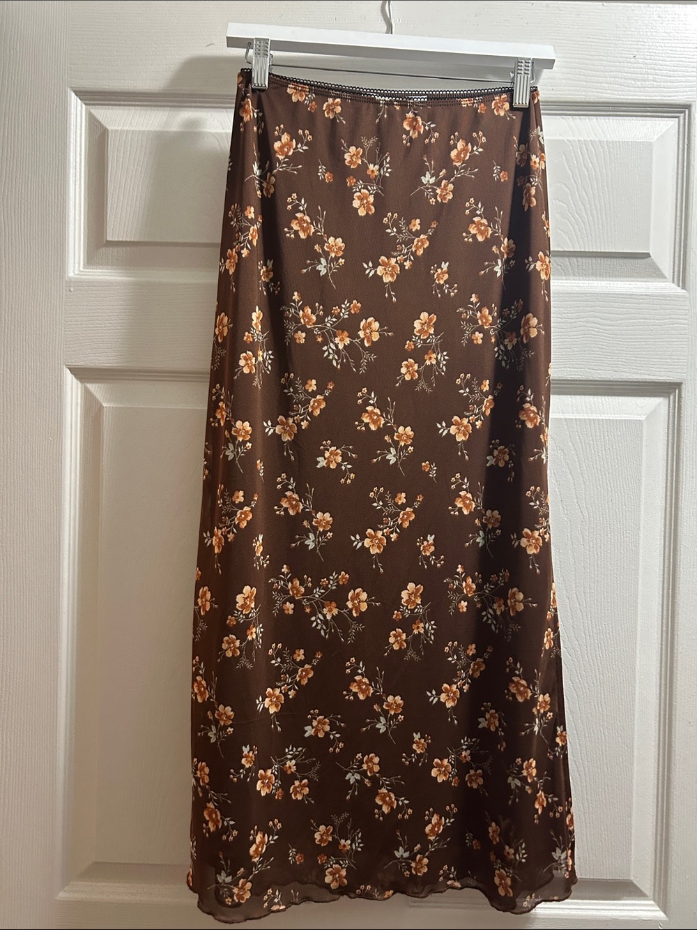 Altar'd State Brown Floral Maxi Skirt with Orange Cream Blooms